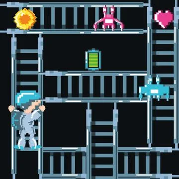 Classic video game scene with warrior in stairs Stock Illustration