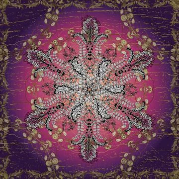 Classic vintage background. Golden pattern on purple, violet and pink colors wit Stock Illustration