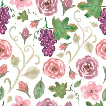 Classic vintage flower pattern with grapes.Seamless pattern with pink  flow.. 스톡 일러스트