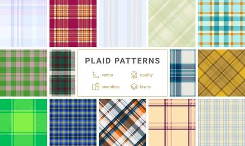 Classic vintage plaid pattern pack with seamless repeats. Vector tartan des.. Stock Illustration