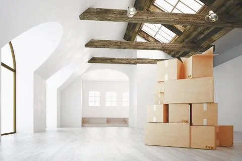 Classic wall interior and modern frame with parquet and cartboard boxes, empty Stock Illustration