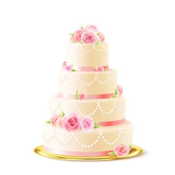 Classic Wedding Cake With Roses Realistic Stock Illustration