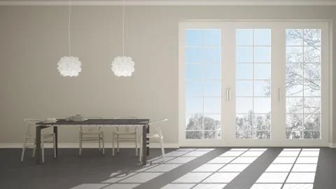 Classic white and gray kitchen with wooden and beige details, dining table la Illustrazione stock