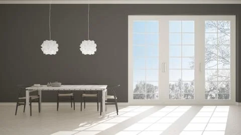 Classic white and gray kitchen with wooden and beige details, dining table la Illustrazione stock