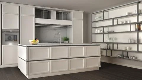 Classic white kitchen in modern open space with parquet floor and big shelvin 스톡 일러스트