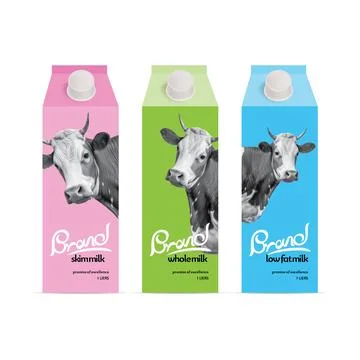 Classic White Milk Package with Realistic Cow Images Stock Illustration