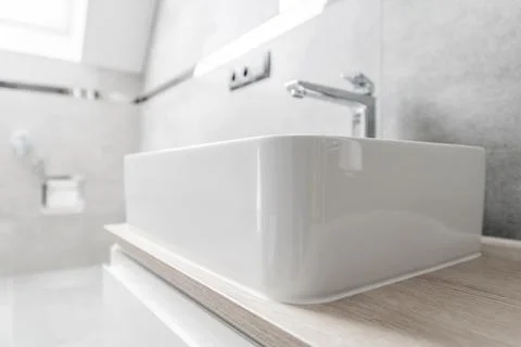 Classic White Rectangle Bathroom Vessel Sink with Chromed Faucet Stock Photos