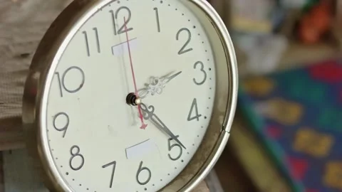 Classic White Wall Clock with Gold Frame, Red Second Hand Moving Rotating C.. Stock Footage 330032070