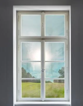 Classic white window and the forest view and reflections on the window Foto stock