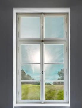 Classic white window and the forest view Stock Photos