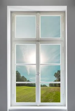 Classic white window and the forest view Stock Photos
