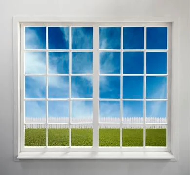 Classic white window on a brick wall and the garden view Stock Photos