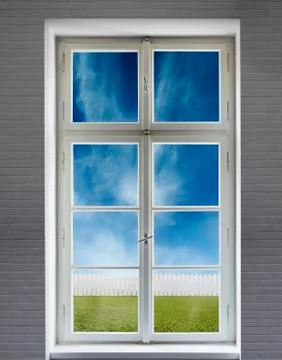 Classic white window on a brick wall and the garden view Stock Photos