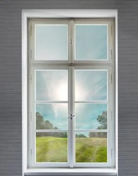 Classic white window on a brick wall and the forest view Stock Photos