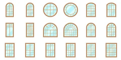 Classic Window Collection with Arched and Round Frame Designs Stock Illustration