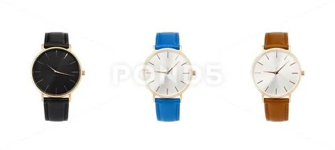 Classic women gold watch black dial, leather strap, isolate on white backgrou Stock Photos