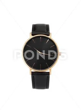Classic women's gold watch with a black dial, leather strap, isolate on a whi Stock Photos