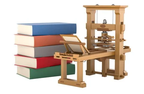 Classic wooden printing press with stack of books. 3D rendering Stock Illustration