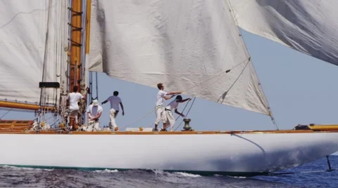 Classic Yacht Crew Changing Rigging Stock Footage 55631038