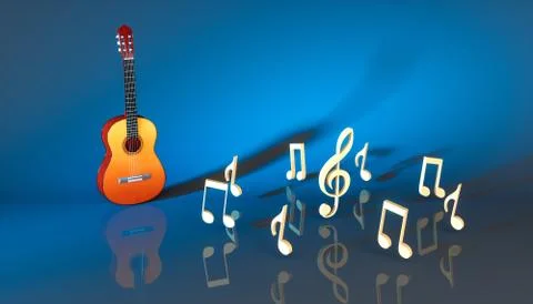 Classical acoustic guitar with notes on a blue background Illustrazione stock