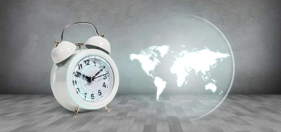 Classical alarm clock project world map 스톡 일러스트