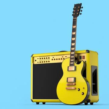 Classical amplifier with acoustic guitar isolated on blue background. Ilustração Stock