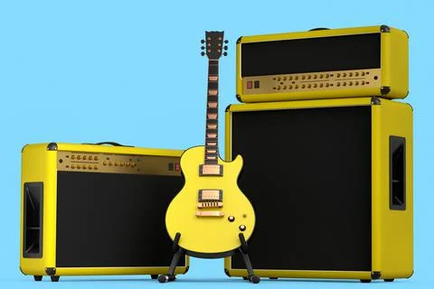 Classical amplifier with acoustic guitar on stand isolated on blue background Ilustração Stock