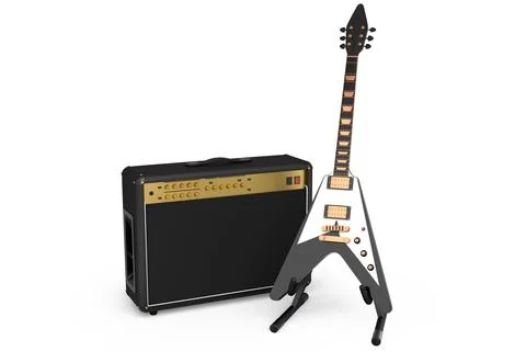 Classical amplifier with acoustic guitar on stand isolated on white backgroun Ilustração Stock