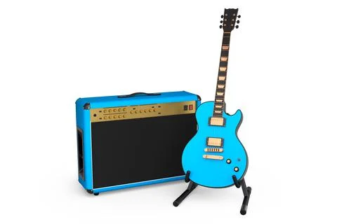 Classical amplifier with acoustic guitar on stand isolated on white backgroun Illustrazione stock