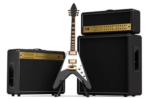 Classical amplifier with acoustic guitar on stand isolated on white backgroun Ilustração Stock