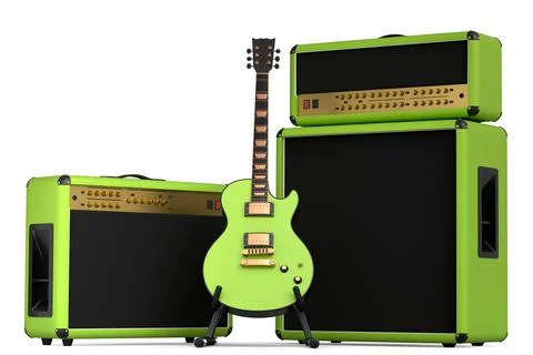 Classical amplifier with acoustic guitar on stand isolated on white backgroun Ilustração Stock