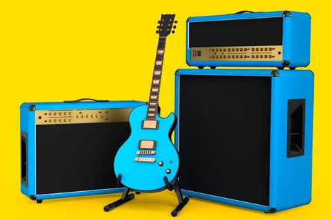 Classical amplifier with electric or acoustic guitar on stand isolated on yel Ilustração Stock