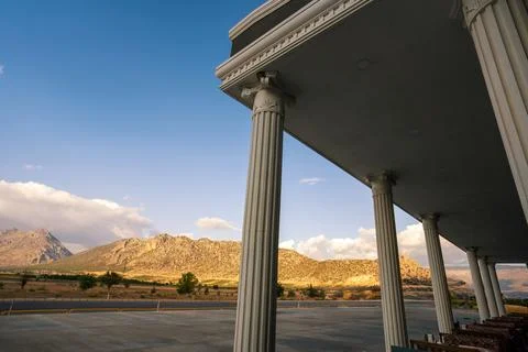 Classical Architecture with Mountain View in Turkish Countryside Foto stock