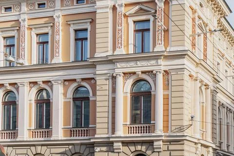 Classical architecture in Riga featuring restored facade with stucco ornament Stock Photos