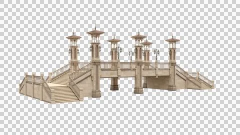 Classical architecture stone bridge with ornate towers and steps on either .. Stock Illustration