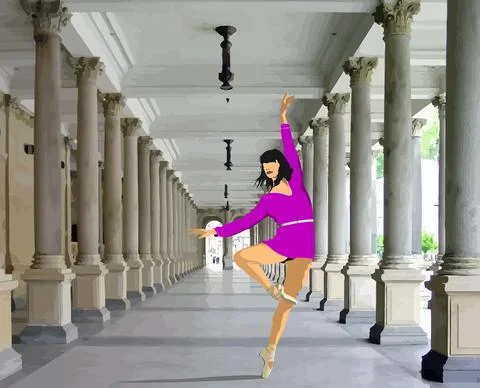 Classical ballet dancer into column gallery. Colored 3d vector illustration Stock Illustration