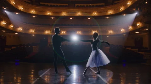 Classical ballet dancers practice on theatre stage Video stock 238074049