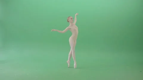 Classical Ballet dancing girl in flesh-colored bodysuit isolated on green screen Stock Footage 145879823