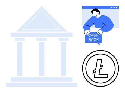 A classical bank building is adjacent to an icon of a person with Cash Back t Ilustración de archivo