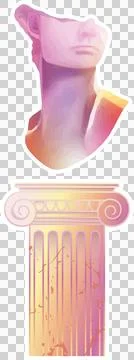 Classical bust fragment floating above Ionic column in pastel gradient graphic, Stock Illustration