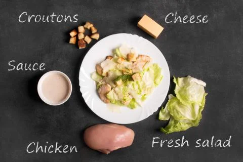 Classical Caesar salad with sliced chicken meat, cheese and fresh . Inscription Stock Photos