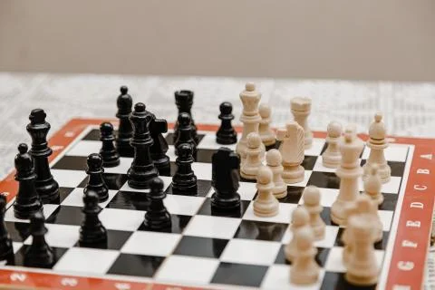 Classical chess stand on a chess board. Chess combinations for beginners Foto stock
