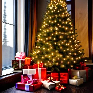 Classical chistmas tree inside house illustration near window Stock Photos