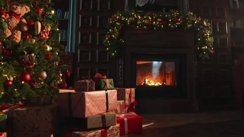 Classical Christmas decorated interior living room library with fireplace 스톡 동영상 253746055