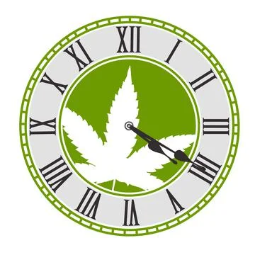 Classical clock dial with marijuana leaf image. Isolated on white, design tem Stock Illustration