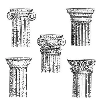 Classical columns displaying ancient architecture styles engraving Ilustración de archivo