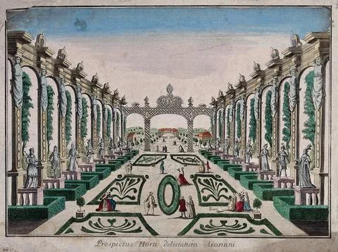 A classical garden with statues and topiary work. Coloured etching. Stock Illustration