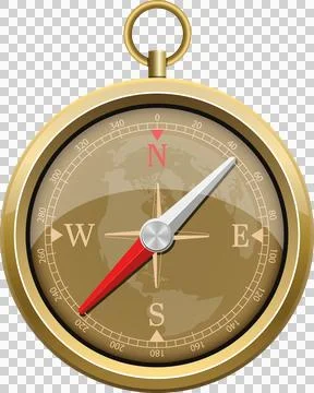Classical golden compass navigation tool with world map design isolated on .. Stock Illustration