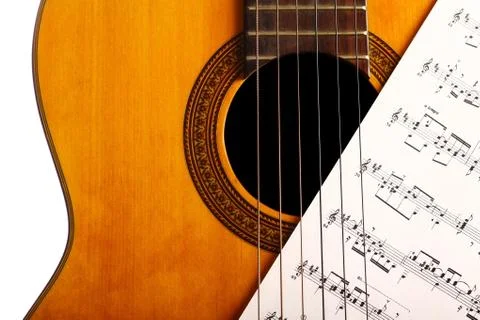 Classical guitar and notes Stock Photos