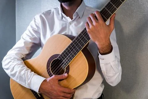Classical guitar close up in studio Stockfoto's